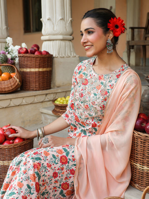 Peach Pure Cotton Floral Printed Yoke Embroidered Anarkali Kurta Set