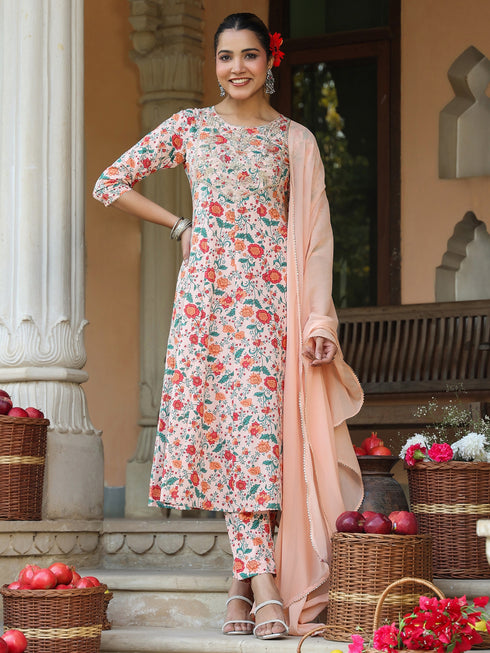Peach Pure Cotton Floral Printed Yoke Embroidered Anarkali Kurta Set