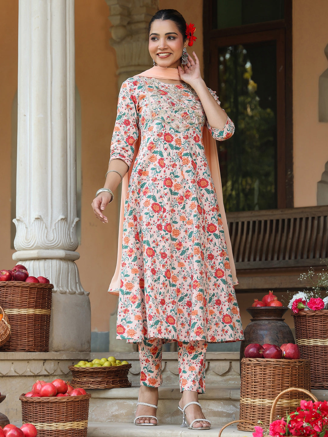 Peach Pure Cotton Floral Printed Yoke Embroidered Anarkali Kurta Set