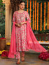 Janasya Women's Pink Pure Cotton Yoke Embroidered Floral Printed A-line Kurta Set