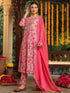 Janasya Women's Pink Pure Cotton Yoke Embroidered Floral Printed A-line Kurta Set