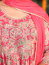 Janasya Women's Pink Pure Cotton Yoke Embroidered Floral Printed A-line Kurta Set