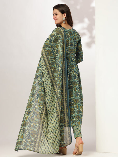 Sea Green Pure Cotton Floral Printed A-line Kurta Set