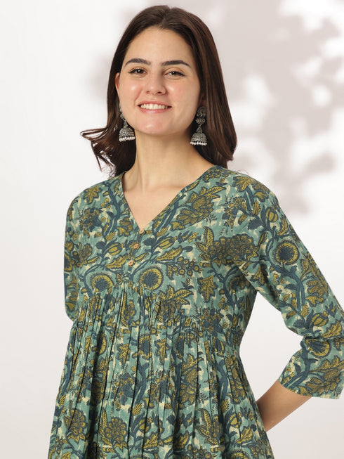 Sea Green Pure Cotton Floral Printed A-line Kurta Set