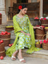 Lime Green Pure Cotton Floral Printed Yoke Design A-line Kurta Set