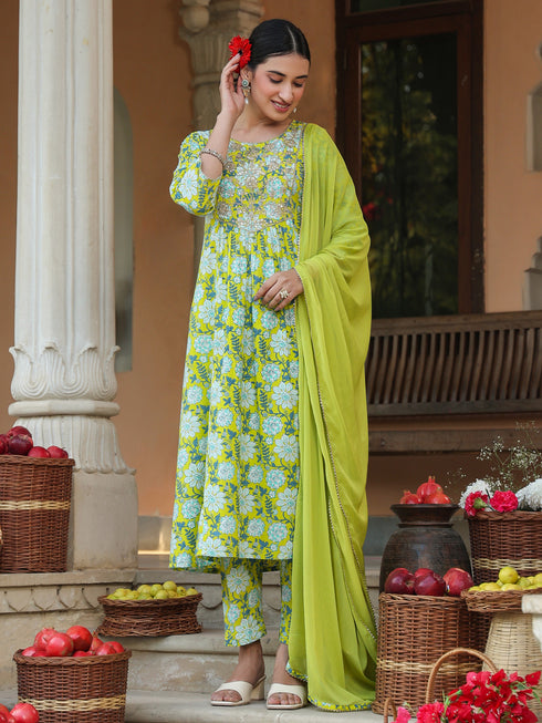 Lime Green Pure Cotton Floral Printed Yoke Design A-line Kurta Set