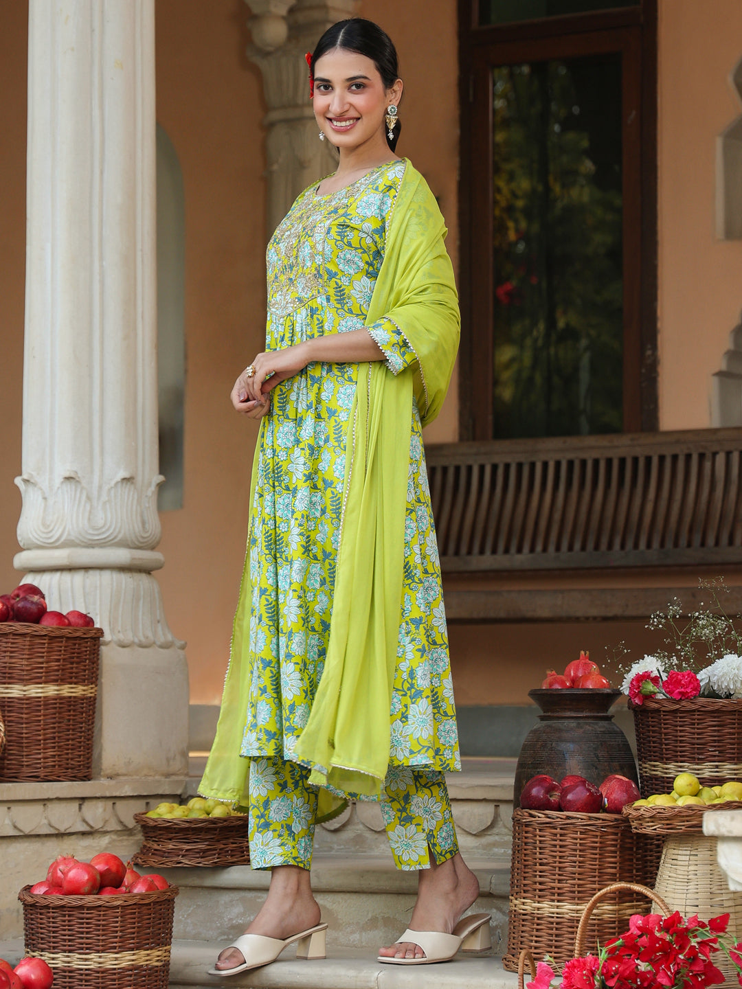 Lime Green Pure Cotton Floral Printed Yoke Design A-line Kurta Set