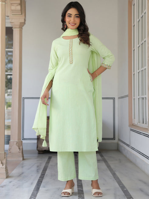 Light Green Cotton Embellished Straight Kurta Set