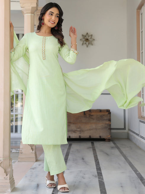 Light Green Cotton Embellished Straight Kurta Set