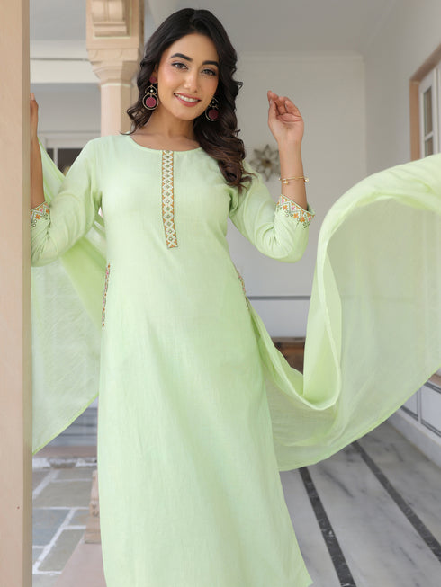 Light Green Cotton Embellished Straight Kurta Set