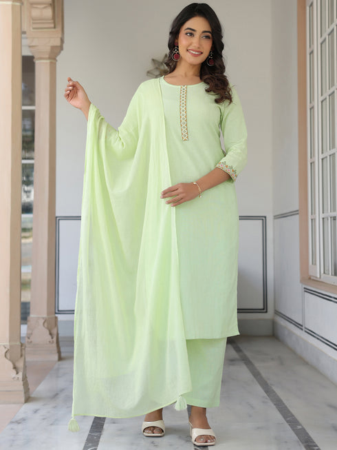 Light Green Cotton Embellished Straight Kurta Set