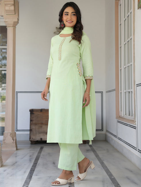 Light Green Cotton Embellished Straight Kurta Set