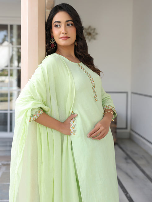 Light Green Cotton Embellished Straight Kurta Set