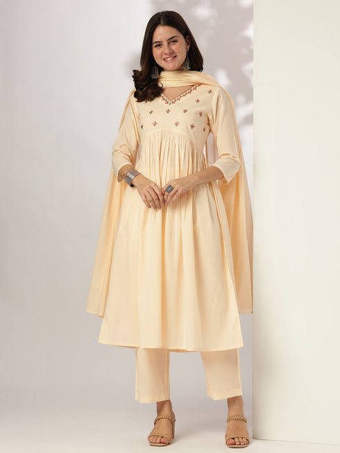 Cream Pure Cotton Yoke Embroidered A-line Kurta Set