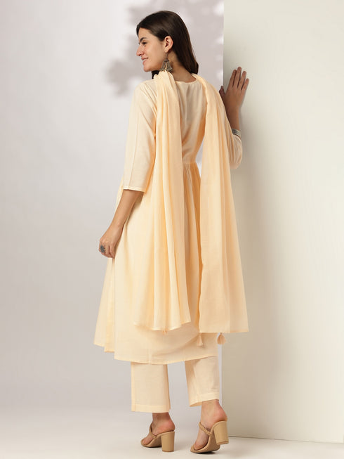 Cream Pure Cotton Yoke Embroidered A-line Kurta Set