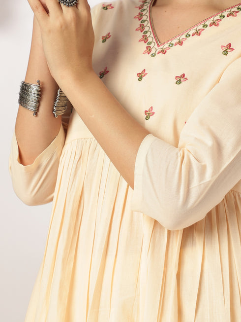 Cream Pure Cotton Yoke Embroidered A-line Kurta Set