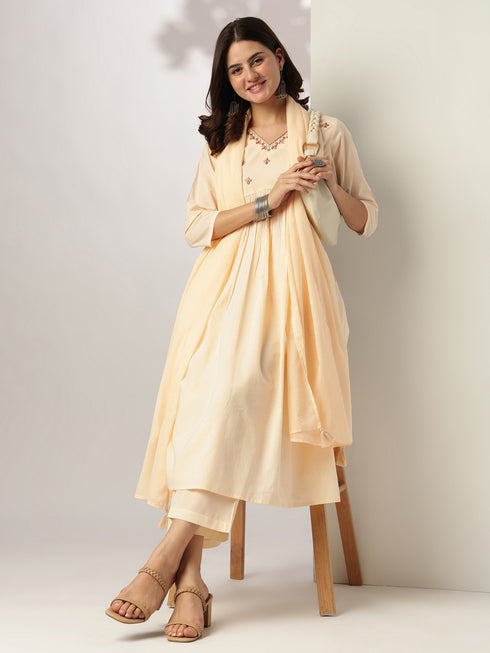 Cream Pure Cotton Yoke Embroidered A-line Kurta Set