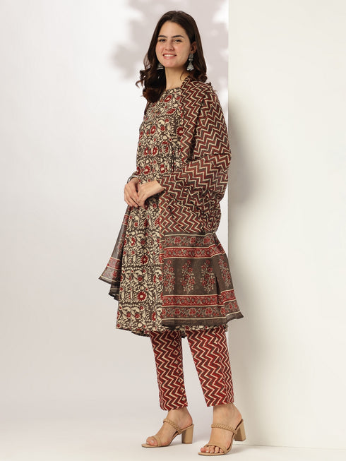 Brown Pure Cotton Floral Printed A-line Kurta Set