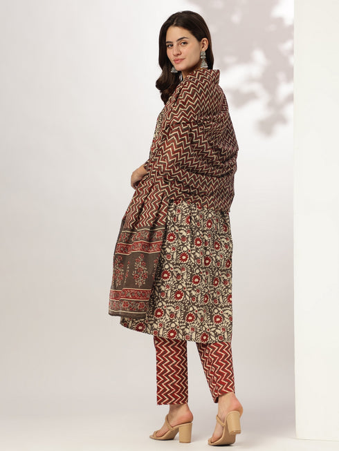 Brown Pure Cotton Floral Printed A-line Kurta Set