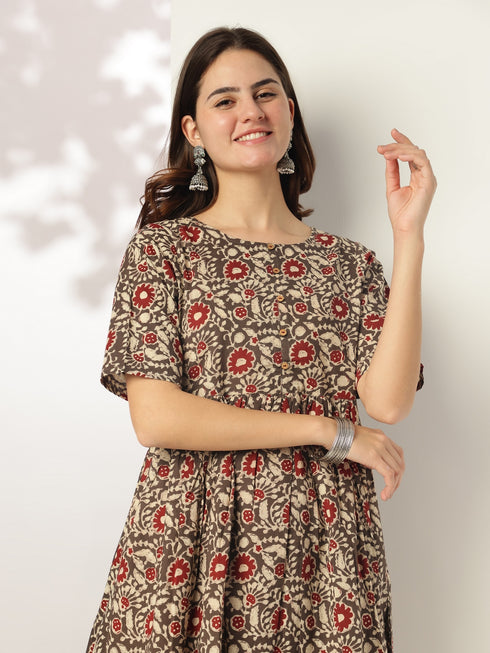 Brown Pure Cotton Floral Printed A-line Kurta Set