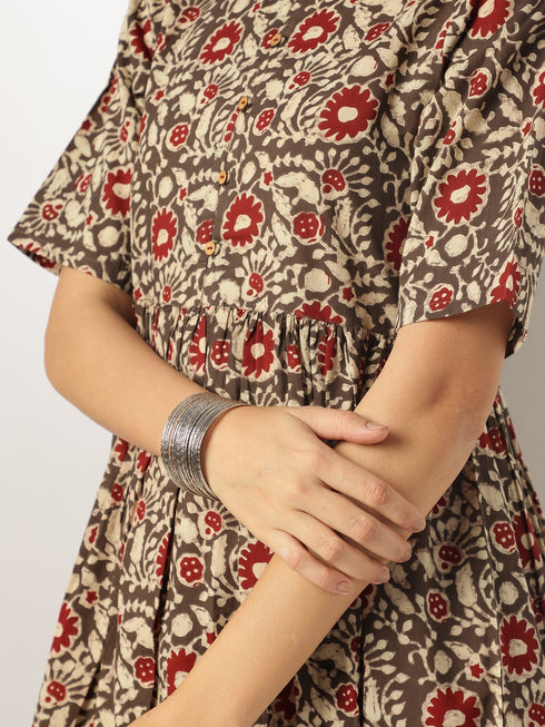 Brown Pure Cotton Floral Printed A-line Kurta Set