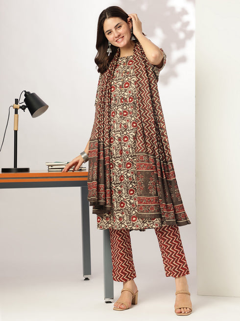 Brown Pure Cotton Floral Printed A-line Kurta Set
