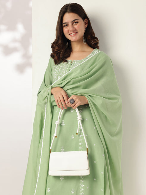 Janasya Women's Light Green Pure Cotton Embroidered Straight Kurta Set