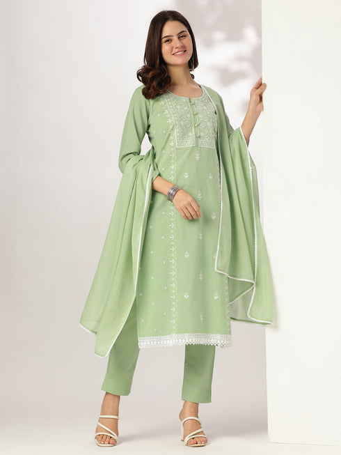 Janasya Women's Light Green Pure Cotton Embroidered Straight Kurta Set