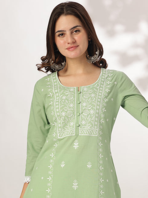 Janasya Women's Light Green Pure Cotton Embroidered Straight Kurta Set