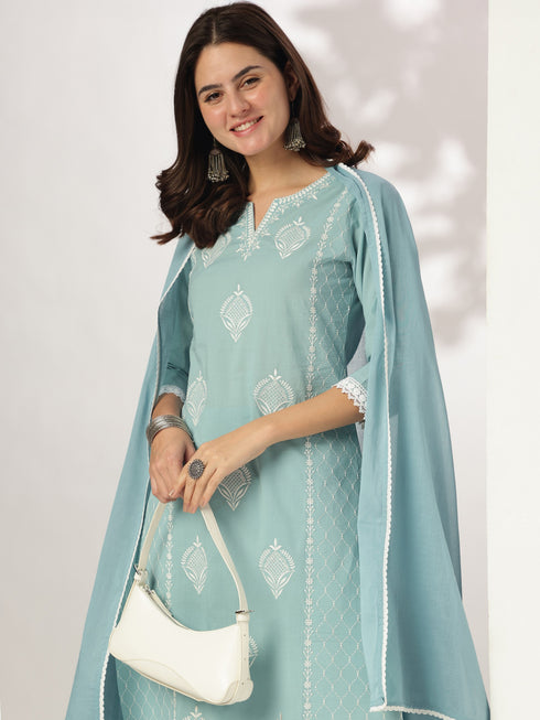 Light Blue Pure Cotton Embroidered Straight Kurta Set