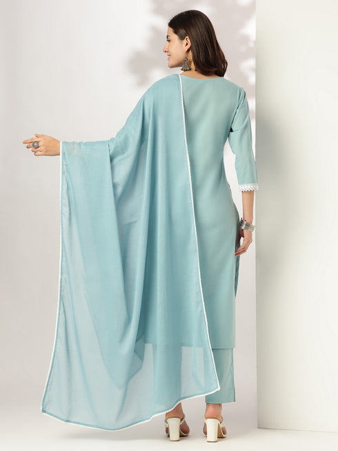 Light Blue Pure Cotton Embroidered Straight Kurta Set