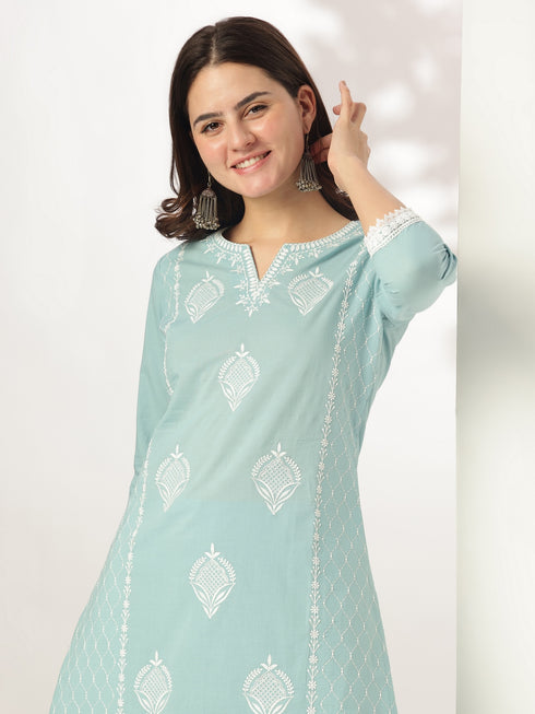 Light Blue Pure Cotton Embroidered Straight Kurta Set