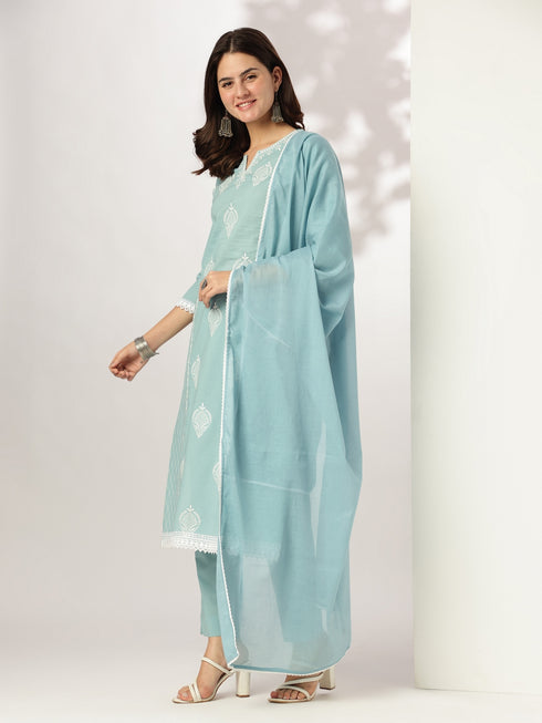 Light Blue Pure Cotton Embroidered Straight Kurta Set