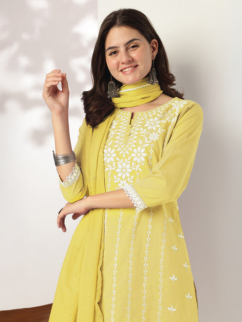 Janasya Women's Yellow Pure Cotton Embroidered Straight Kurta Set