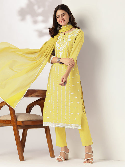 Janasya Women's Yellow Pure Cotton Embroidered Straight Kurta Set