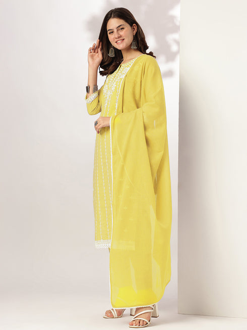 Janasya Women's Yellow Pure Cotton Embroidered Straight Kurta Set