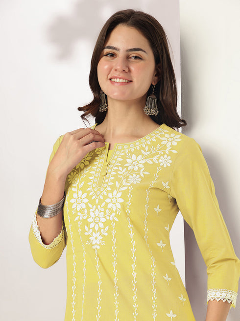 Janasya Women's Yellow Pure Cotton Embroidered Straight Kurta Set