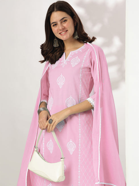 Light Pink Pure Cotton Embroidered Straight Kurta Set