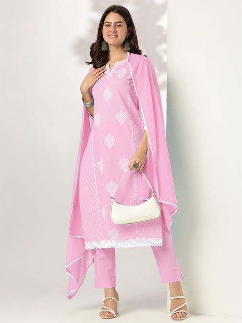 Light Pink Pure Cotton Embroidered Straight Kurta Set