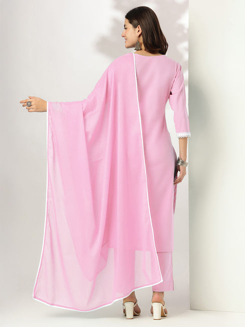 Light Pink Pure Cotton Embroidered Straight Kurta Set