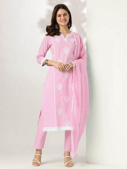 Light Pink Pure Cotton Embroidered Straight Kurta Set