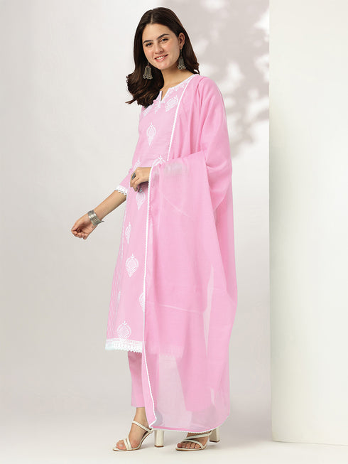 Light Pink Pure Cotton Embroidered Straight Kurta Set