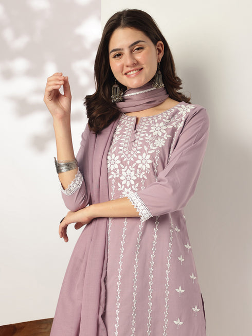 Light Purple Pure Cotton Embroidered Straight Kurta Set