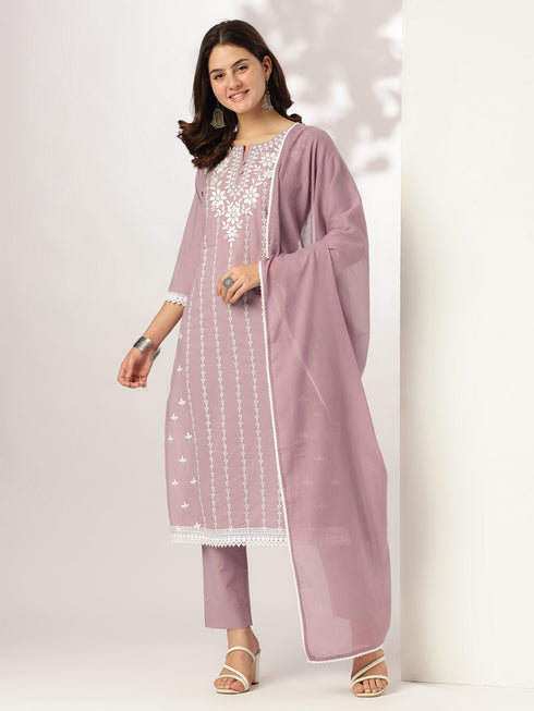Light Purple Pure Cotton Embroidered Straight Kurta Set