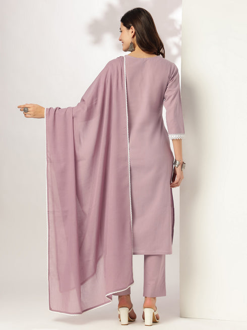 Light Purple Pure Cotton Embroidered Straight Kurta Set
