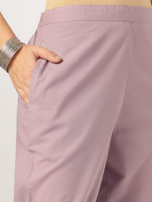 Light Purple Pure Cotton Embroidered Straight Kurta Set