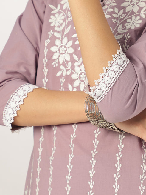 Light Purple Pure Cotton Embroidered Straight Kurta Set