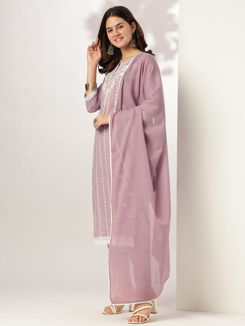 Light Purple Pure Cotton Embroidered Straight Kurta Set