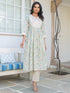 Off White Pure Cotton Yoke Embroidered Floral Printed A-line Kurta Set