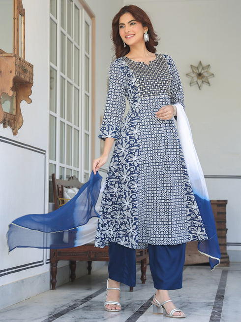 Navy Blue Rayon Floral Printed with Mirror Work A-line Kurta Set